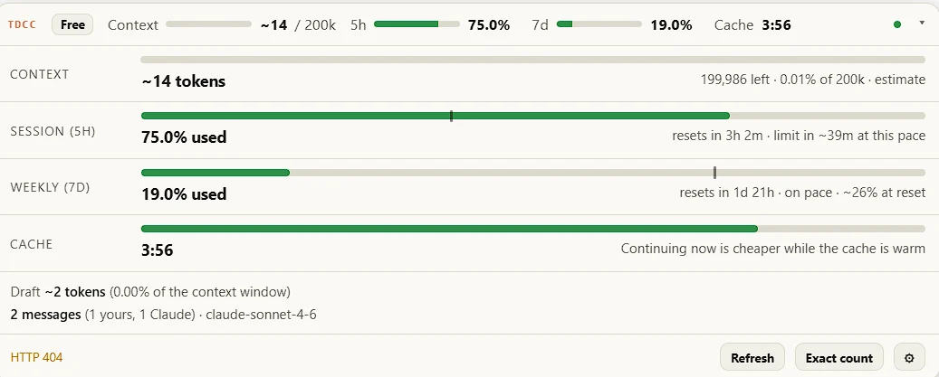 Claude token counter showing context usage, session and weekly usage, cache duration, and controls