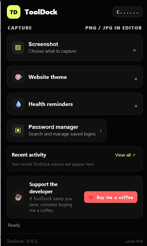 ToolDock extension panel with health reminders, website themes, and password manager sections