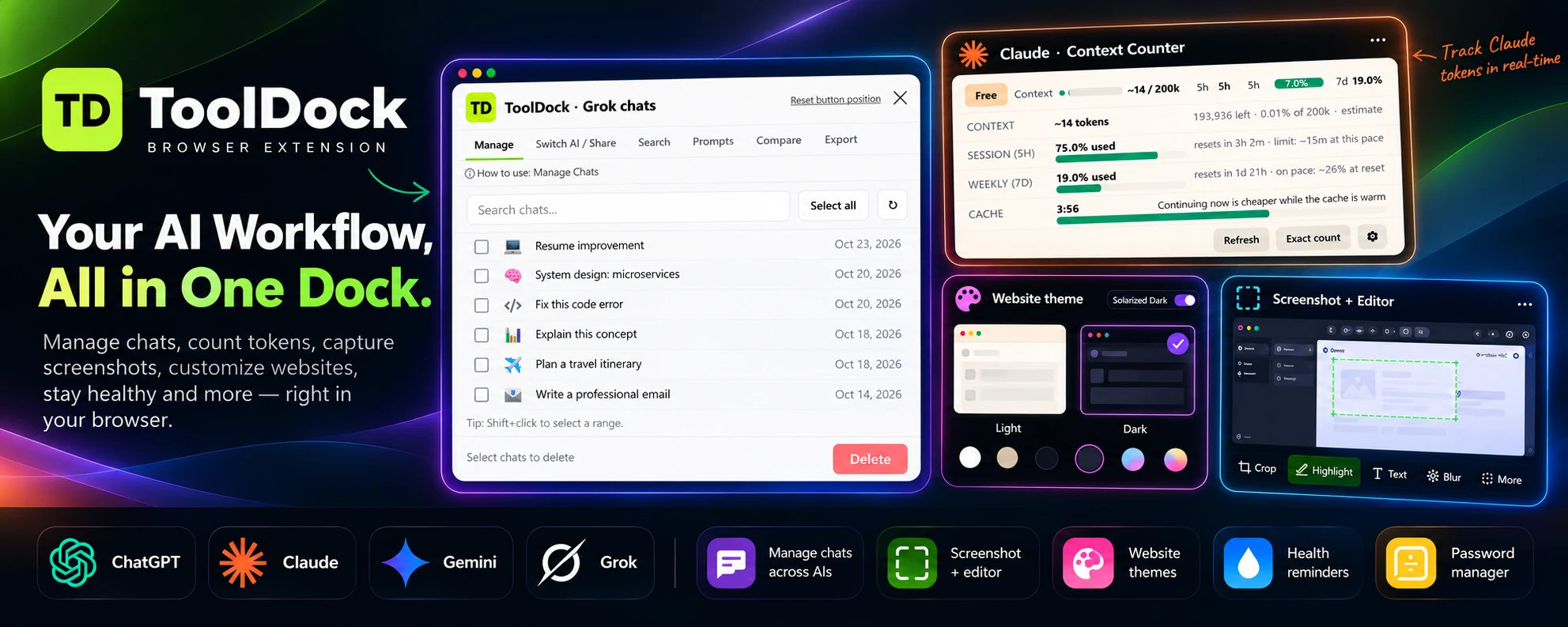 ToolDock all-in-one overview featuring Manage Chats, Claude Context Counter, theme controls, screenshot editor, and supported AI sites