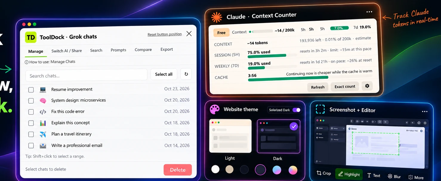 ToolDock preview showing chat management, Claude token tracking, website themes, and screenshot editing