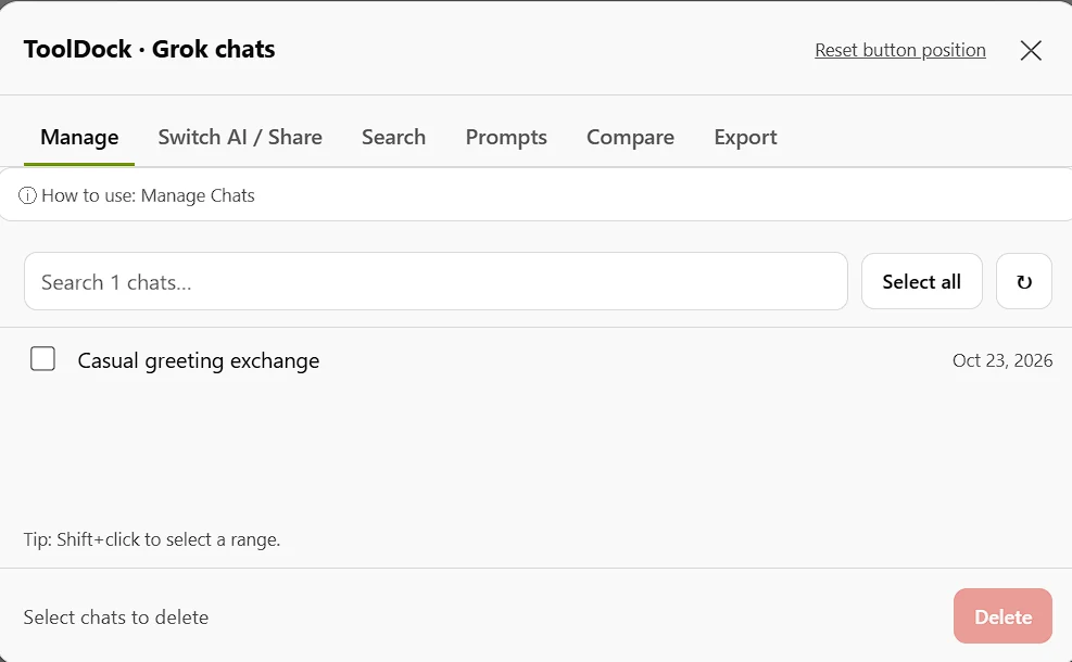 ToolDock Manage Chats interface with search, chat list, selection, and delete controls