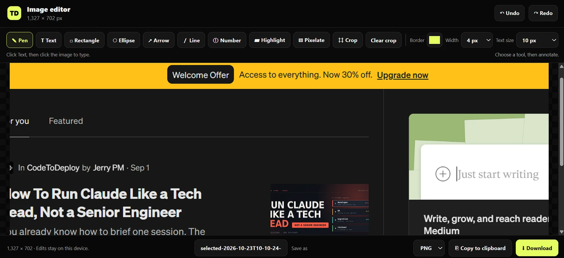 ToolDock image editor showing annotation, highlight, text, blur, crop, and download tools
