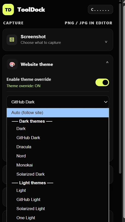 ToolDock theme selector with automatic, dark, and light theme choices